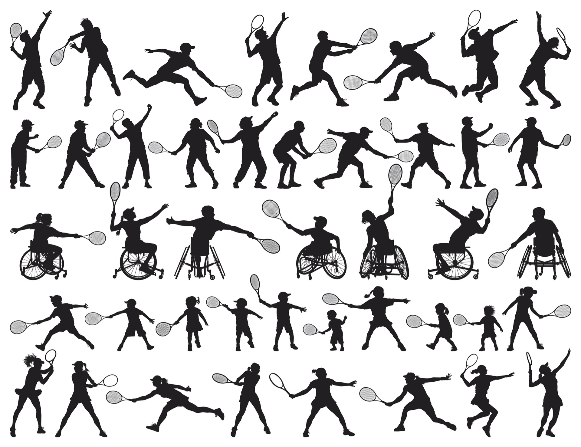 Darstellung von gezeichneten verschiedenen Tennisspielern in unterschiedlichen Spielsituationen.